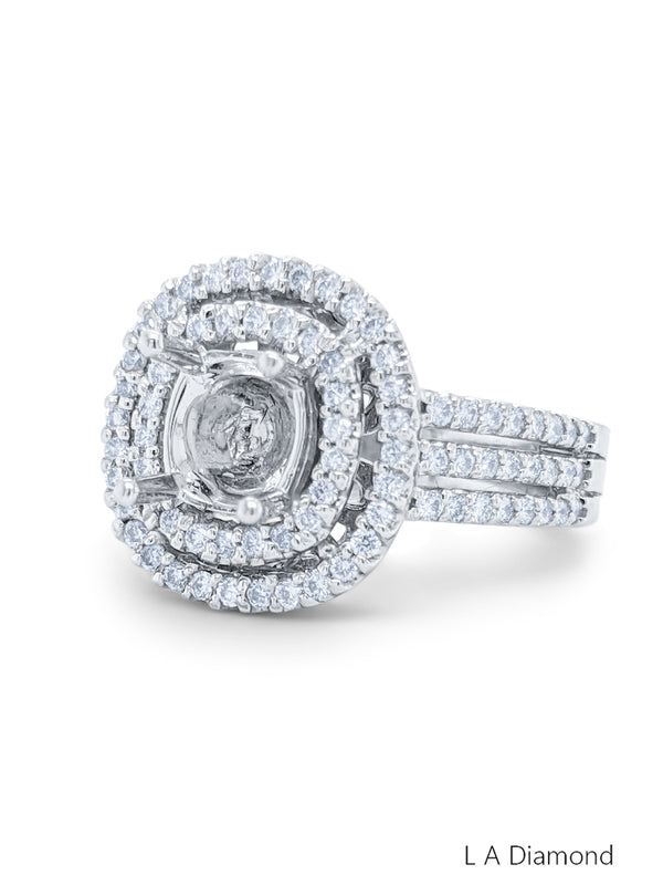 14K White Gold Diamond Double Halo Round Cut Semi-Mount Engagement Ring (1.78 ct) - LA DIAMOND