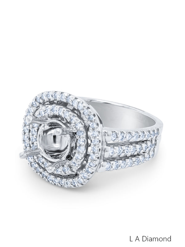 14K White Gold Diamond Double Halo Round Cut Semi-Mount Engagement Ring (2.20 ct) - LA DIAMOND