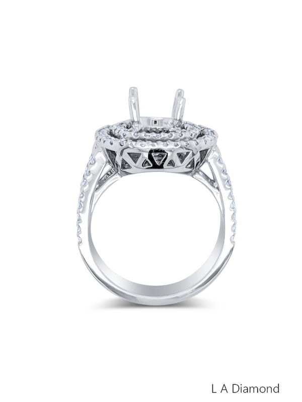 14K White Gold Diamond Double Halo Round Cut Semi-Mount Engagement Ring (2.20 ct) - LA DIAMOND