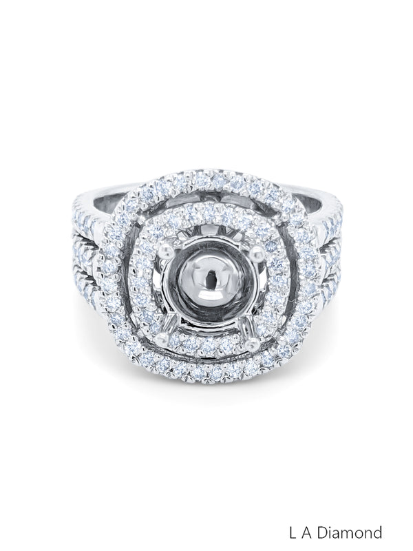 14K White Gold Diamond Double Halo Round Cut Semi-Mount Engagement Ring (2.20 ct) - LA DIAMOND