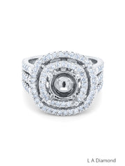 14k White Gold Diamond Double Halo Round Cut Semi Mount Engagement Ring 2.20c