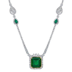 Princess-Cut Emerald and 1/5 CT. T.W Diamond Necklace in 14K White Gold - LA DIAMOND
