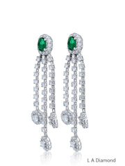 Emerald White Gold Diamond Oval Cut Tassel Dangle Linear Drop Earrings