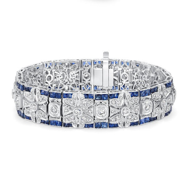 Blue Sapphire and Diamond Flower Filigree Vintage-Style Bracelet in 14K White Gold - LA DIAMOND