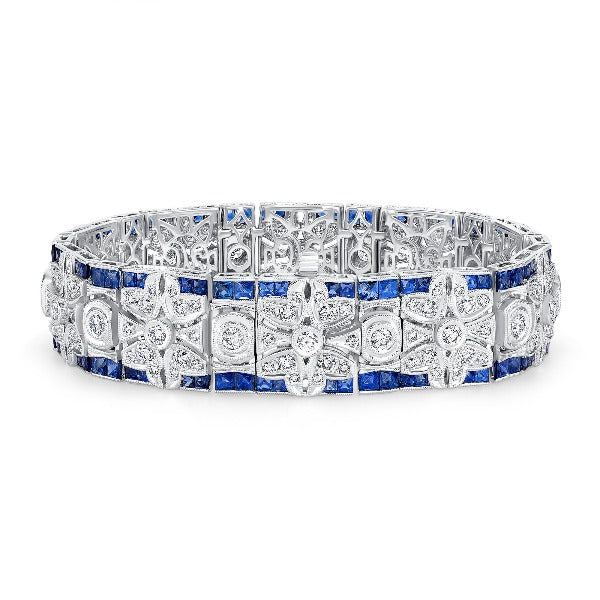 Blue Sapphire and Diamond Flower Filigree Vintage-Style Bracelet in 14K White Gold - LA DIAMOND