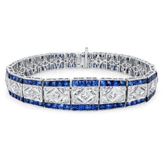 Blue Sapphire and 1/5 CT. T.W. Diamond Bracelet in 14K White Gold - LA DIAMOND
