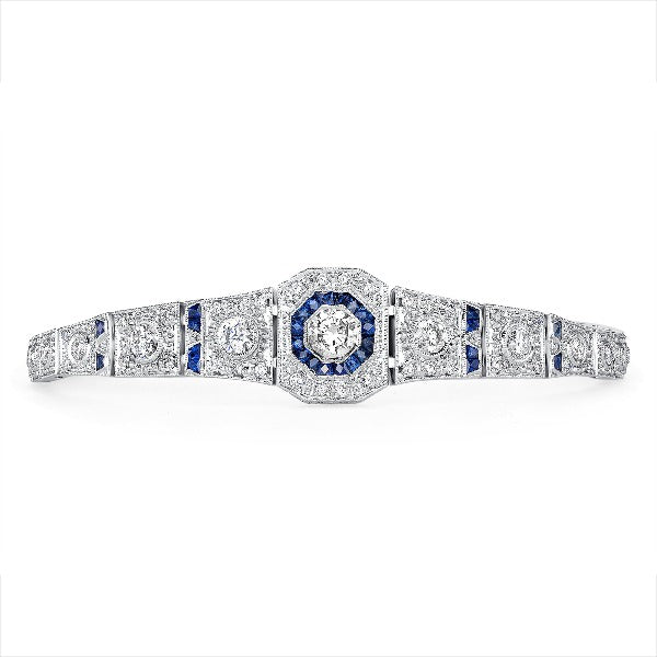 Blue Sapphire and 1 CT. T.W. Diamond Bracelet in 14K White Gold - LA DIAMOND