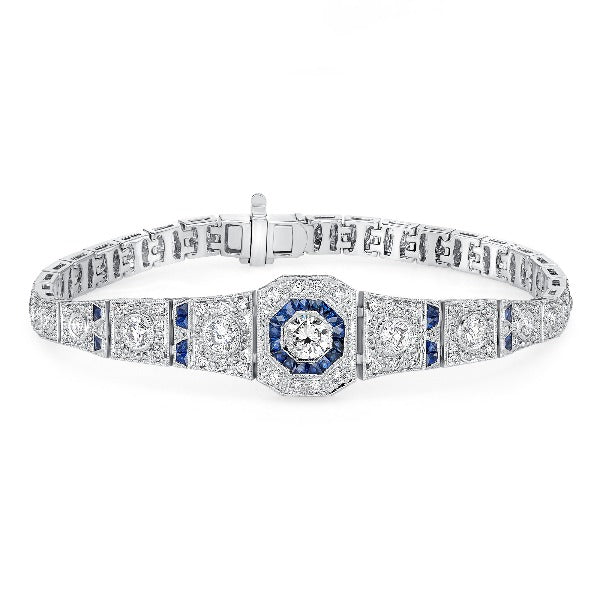Blue Sapphire and 1 CT. T.W. Diamond Bracelet in 14K White Gold - LA DIAMOND