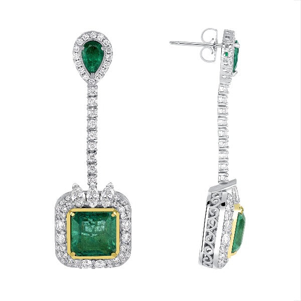Cushion Emerald and Diamond Accent Drop Earrings in 14K White Gold - LA DIAMOND