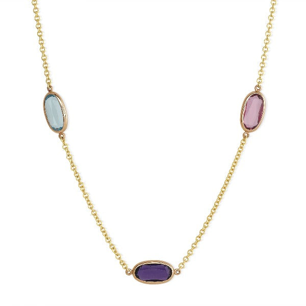 Sideways Oval Multi-Color Sapphire Solitaire Necklace in 14K Yellow Gold - LA DIAMOND