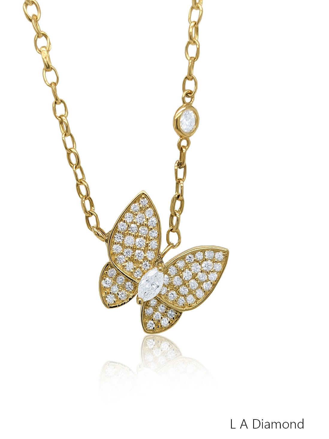 14K Yellow Gold Diamond Round Cut Butterfly Pendant With Chain 1.34c