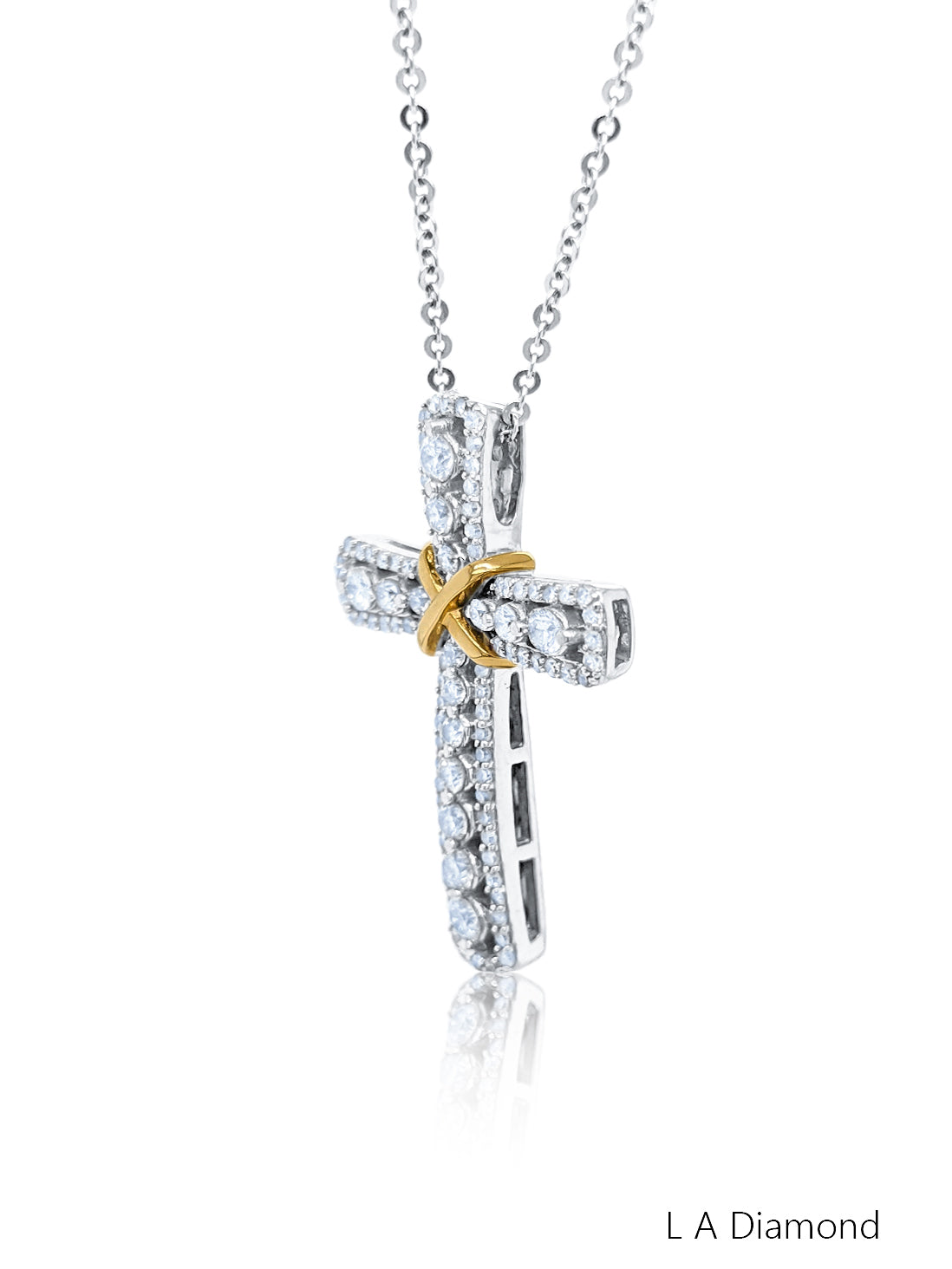 14k Yellow And White Gold Diamond Round Cut Cross Necklace Pendant 1c