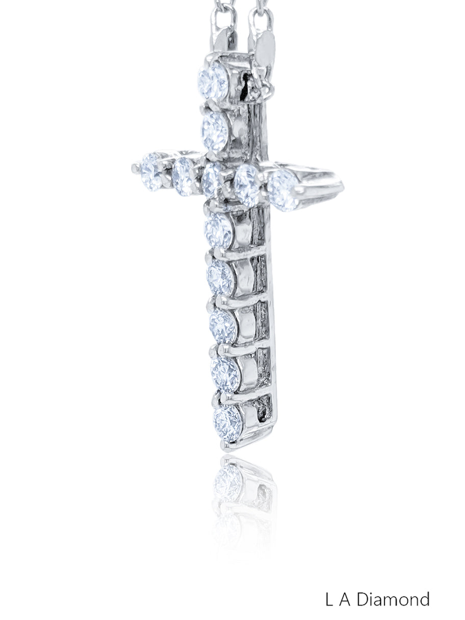 14k White Gold Diamond Round Cut Classic Cross Necklace Pendant .83c
