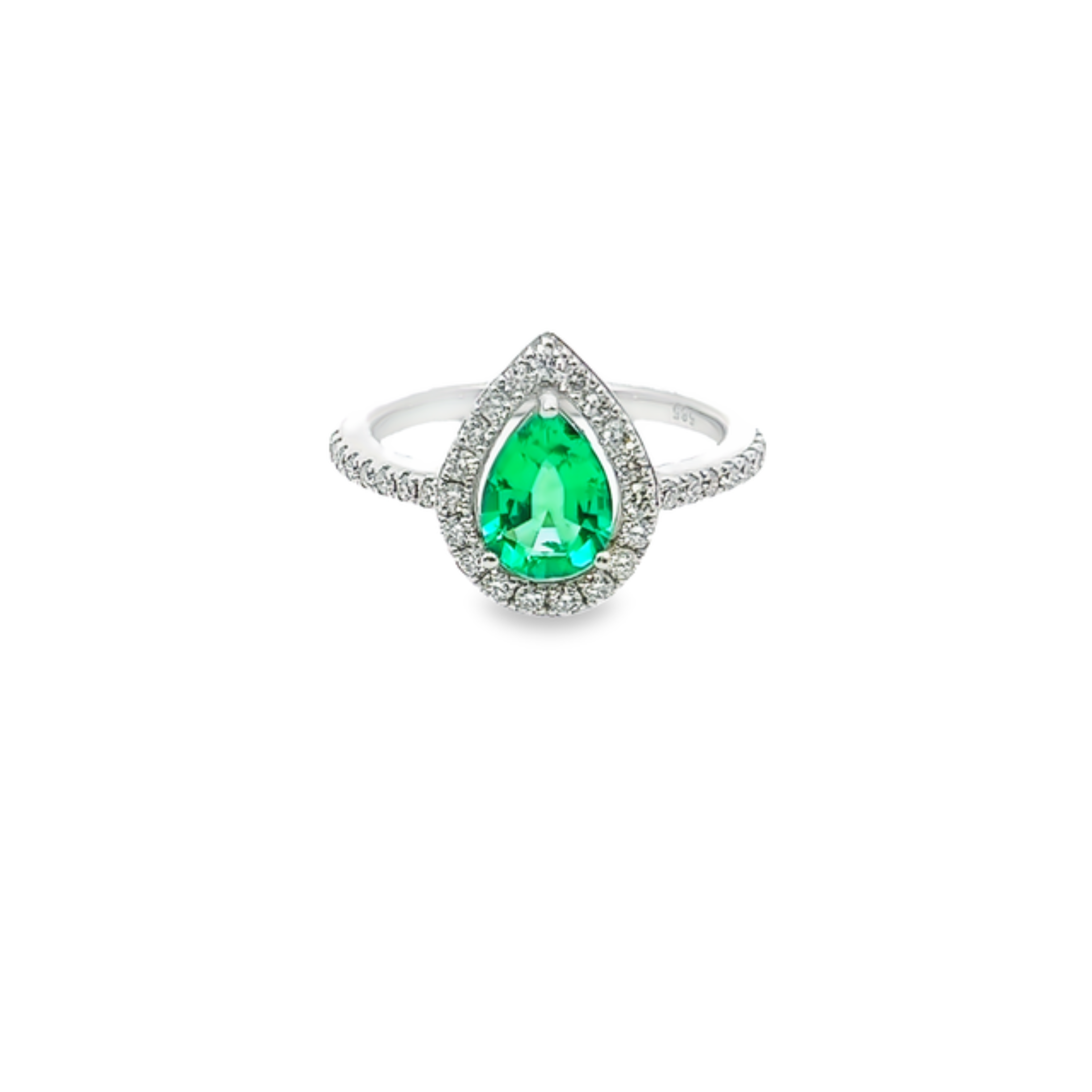 14k White Gold Diamond With Emerald Center Stone Pear Cut Engagement Ring 1.87c