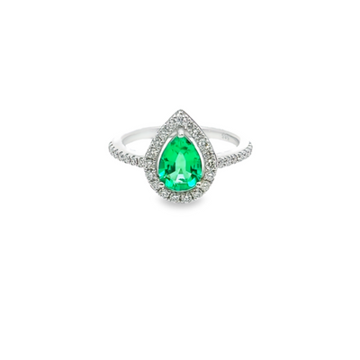 14k White Gold Diamond With Emerald Center Stone Pear Cut Engagement Ring 1.87c