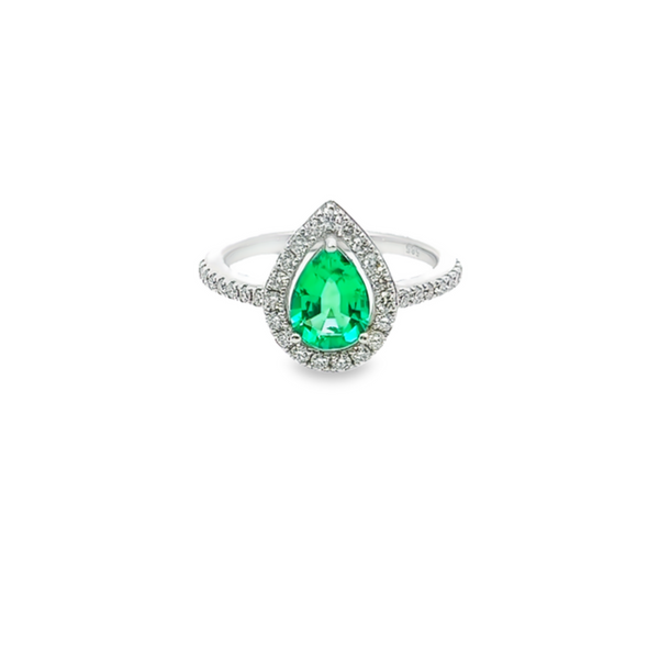 14k White Gold Diamond With Emerald Center Stone Pear Cut Engagement Ring 1.87c - LA DIAMOND