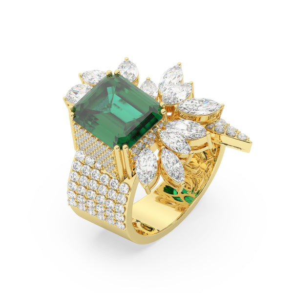 18K White Gold Diamond with Emerald-Cut Emerald Center Ring - LA DIAMOND