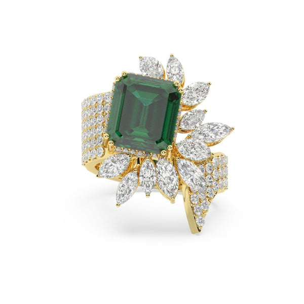 18K White Gold Diamond with Emerald-Cut Emerald Center Ring - LA DIAMOND