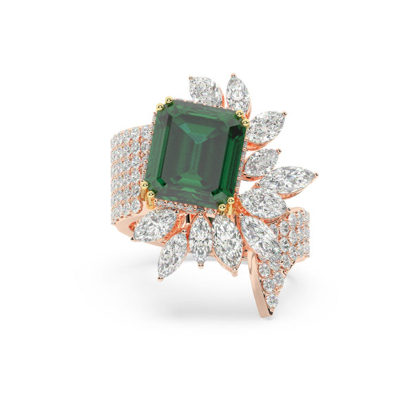 18K White Gold Diamond with Emerald-Cut Emerald Center Ring - LA DIAMOND