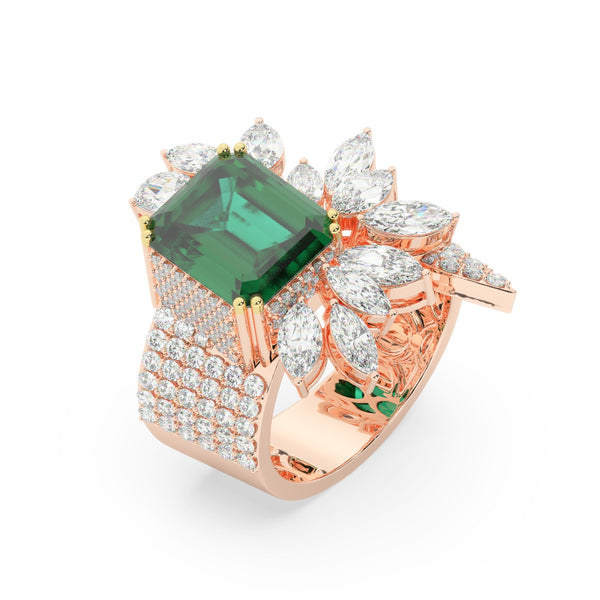 18K White Gold Diamond with Emerald-Cut Emerald Center Ring - LA DIAMOND