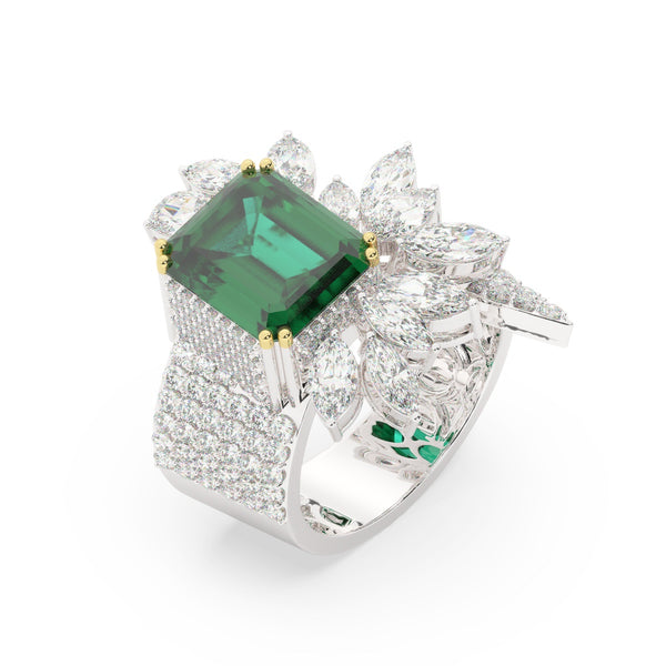 18K White Gold Diamond with Emerald-Cut Emerald Center Ring - LA DIAMOND