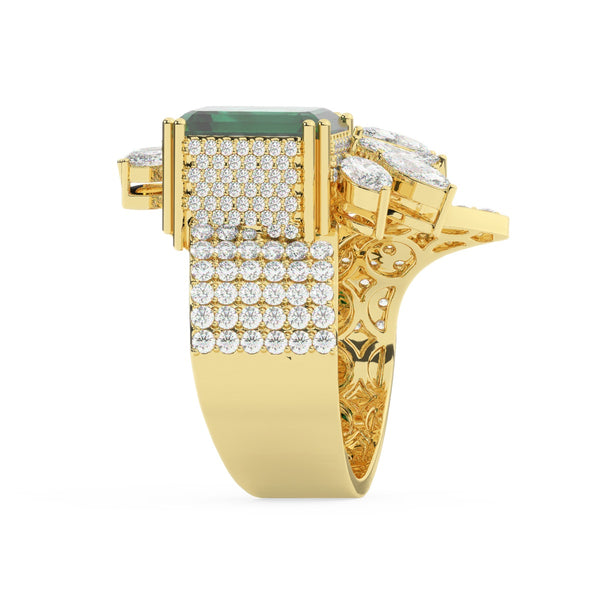 18K White Gold Diamond with Emerald-Cut Emerald Center Ring - LA DIAMOND