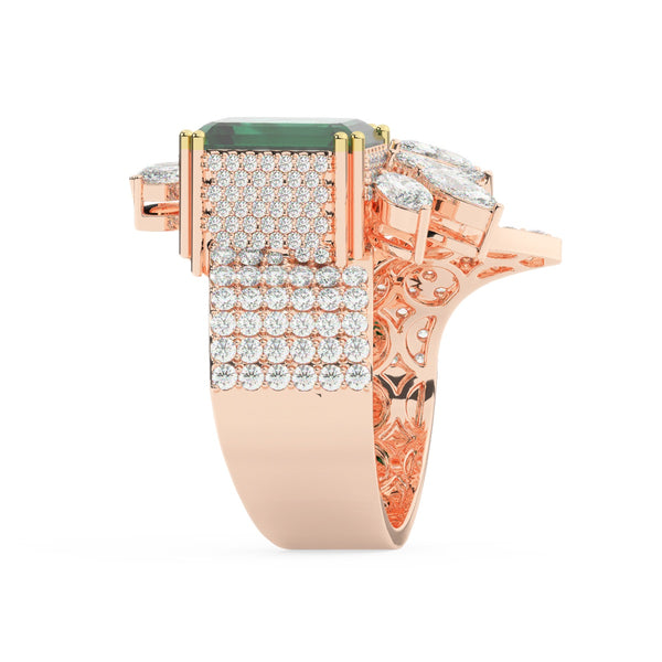 18K White Gold Diamond with Emerald-Cut Emerald Center Ring - LA DIAMOND