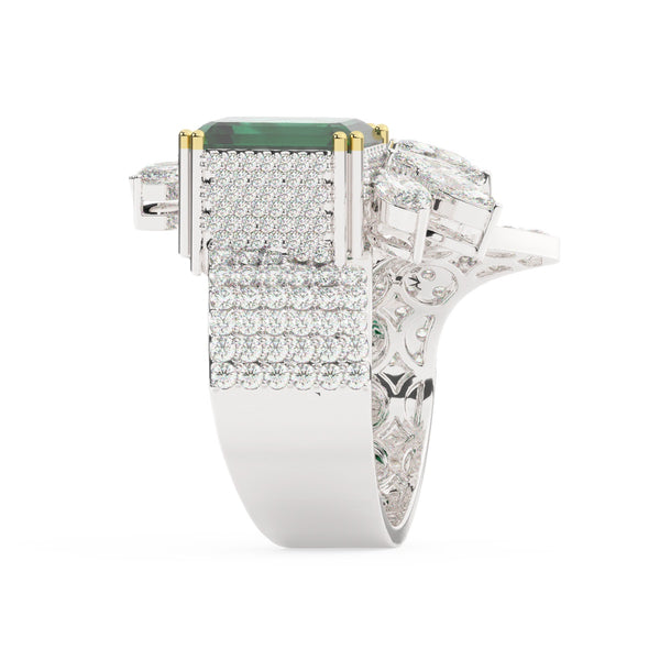 18K White Gold Diamond with Emerald-Cut Emerald Center Ring - LA DIAMOND