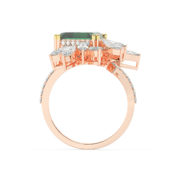 18K White Gold Diamond with Emerald-Cut Emerald Center Ring - LA DIAMOND