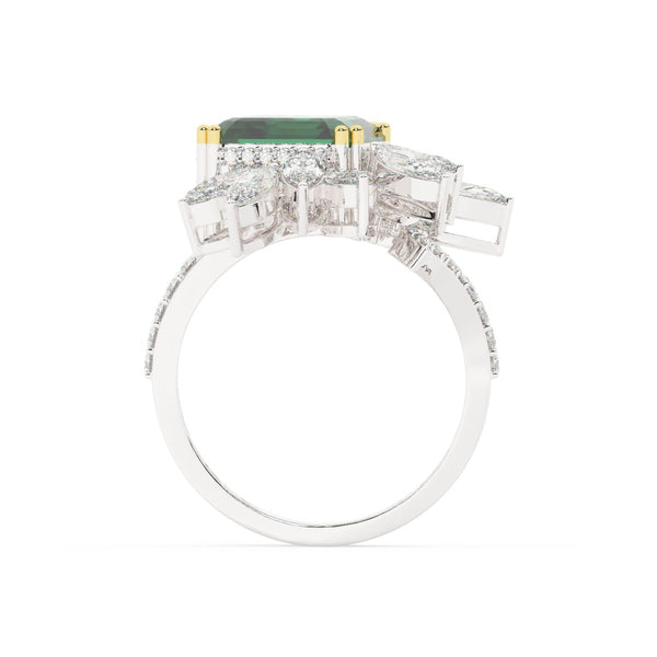 18K White Gold Diamond with Emerald-Cut Emerald Center Ring - LA DIAMOND