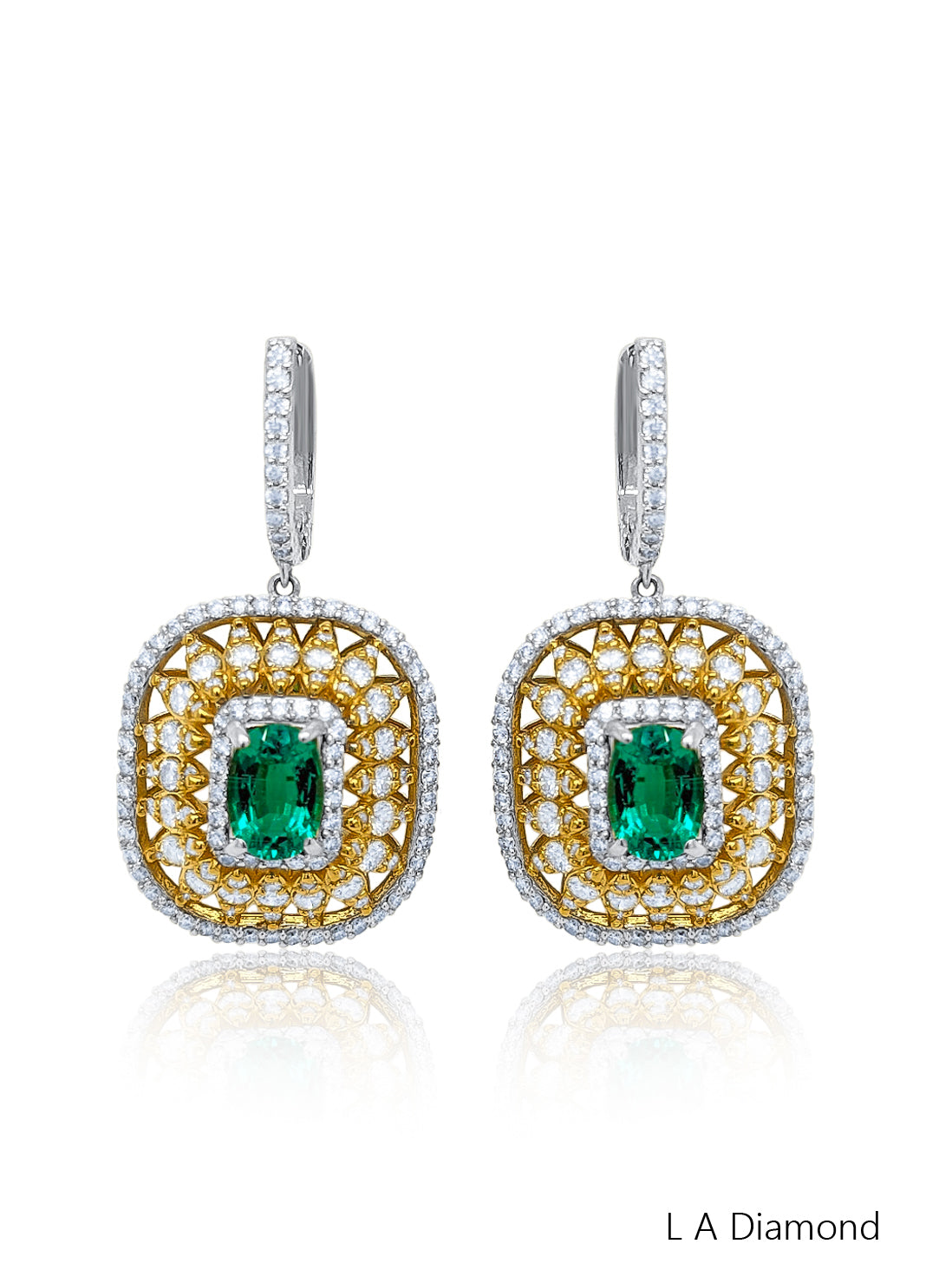 14k Two Tone Diamond Earring with Emerald - LA DIAMOND