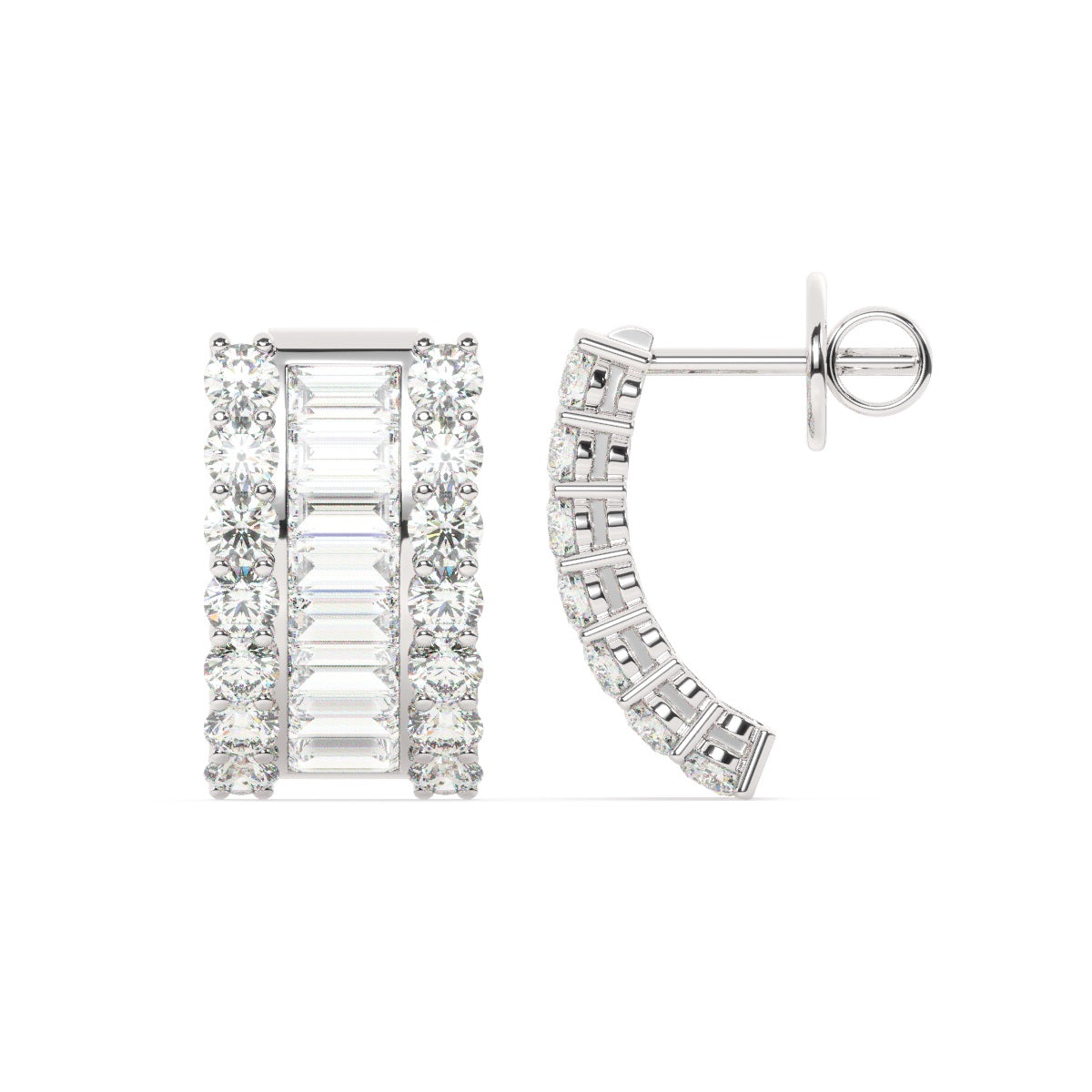 14k White Gold Diamond Round and Baguette Cut Earring 2.58c
