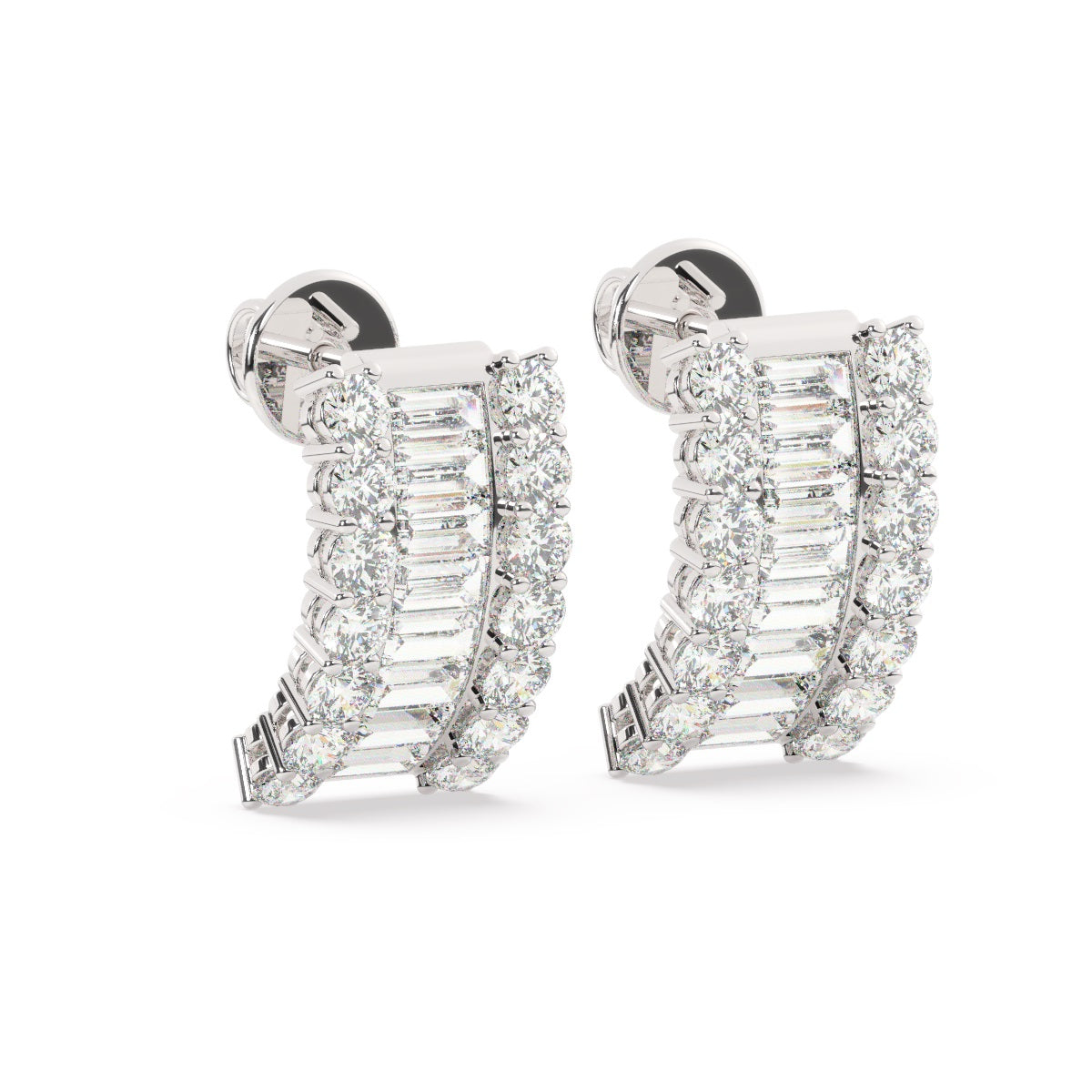 14k White Gold Diamond Round and Baguette Cut Earring 2.58c