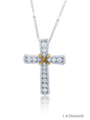 14k Yellow And White Gold Diamond Round Cut Cross Necklace Pendant 1c