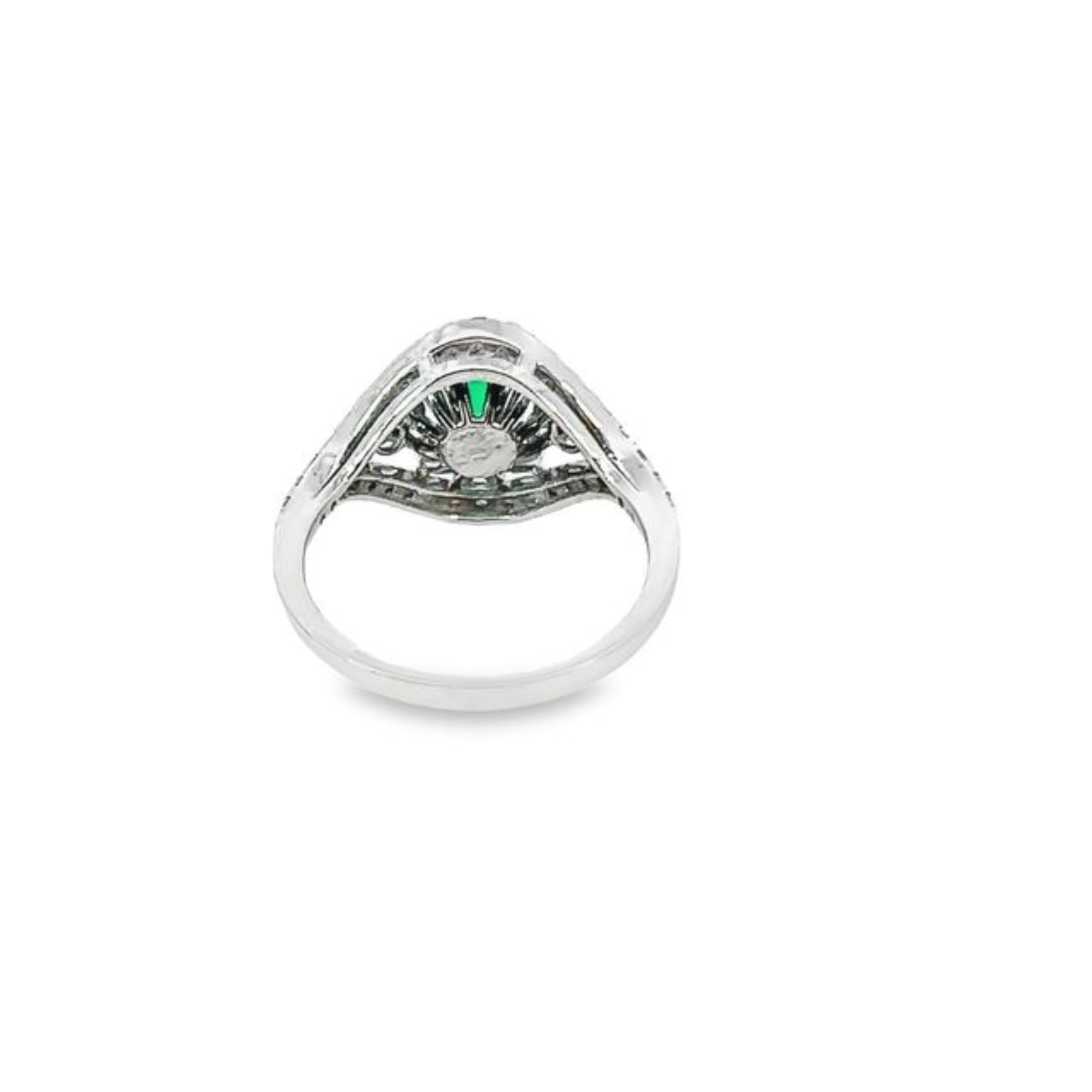 14k White Gold Diamond Round And Oval Cut Emerald Center Stone Ring .95c