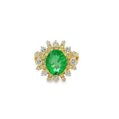 14k Yellow Gold Diamond Emerald Stone Round Cut Ring 3.62c