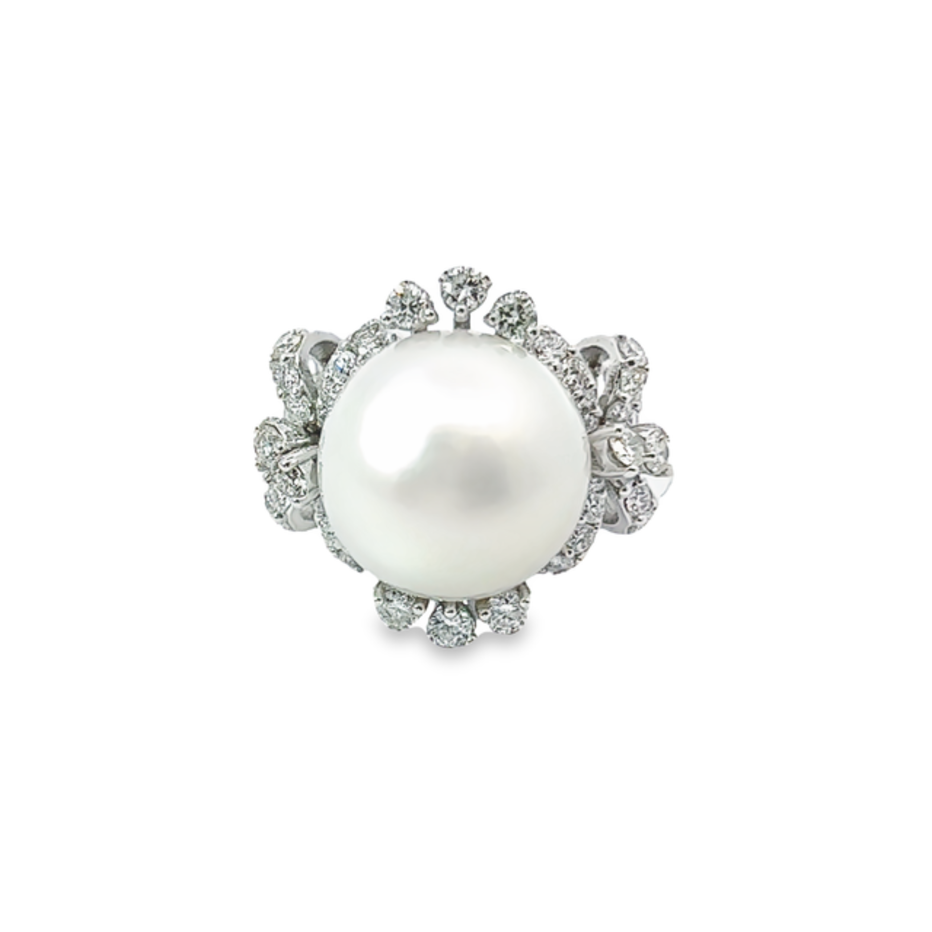 14k White Gold Diamond And Round Fresh Water Pearl Engagement Ring 2.50c